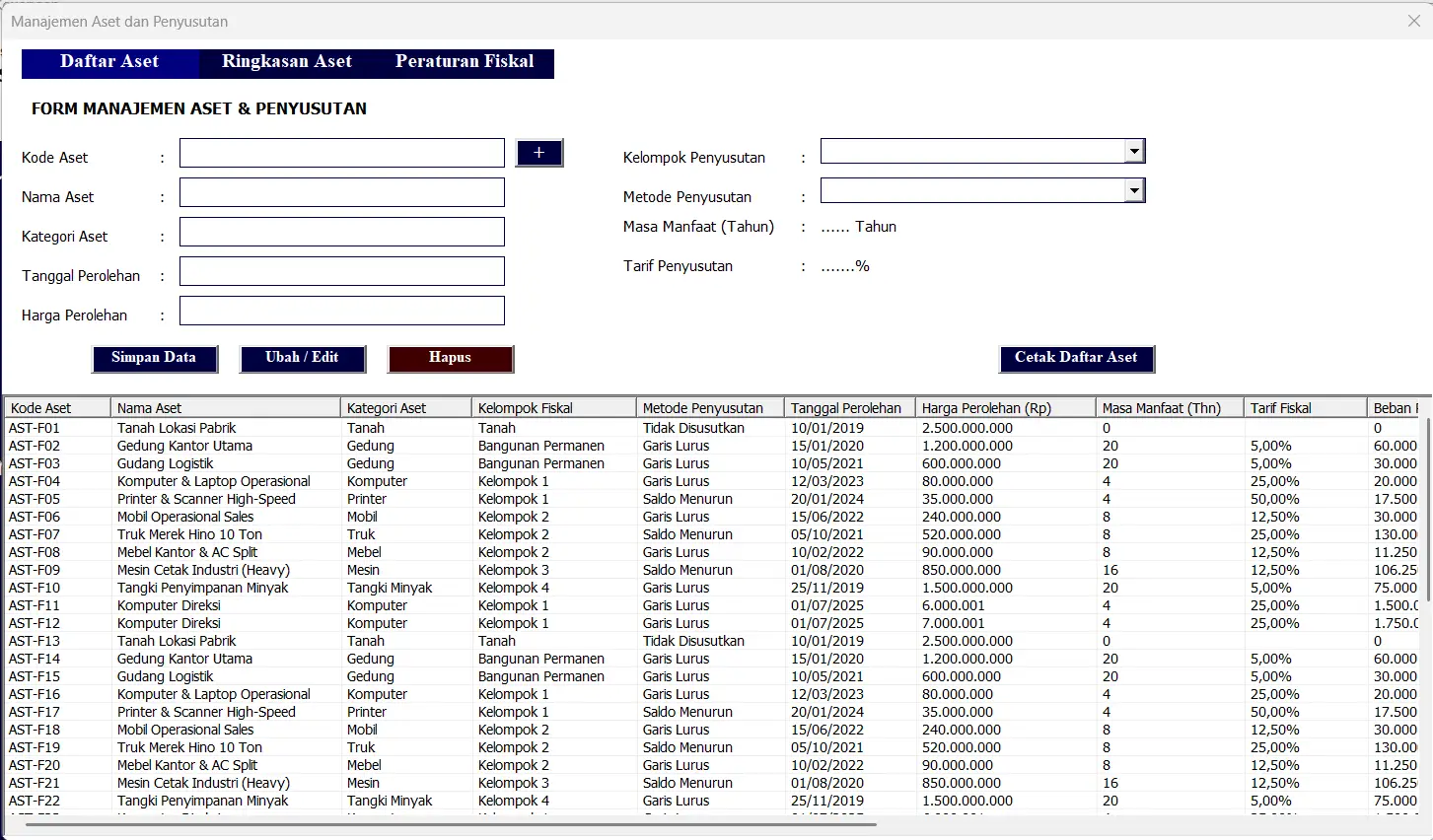 12. Menu Manage Daftar Aset Tetap