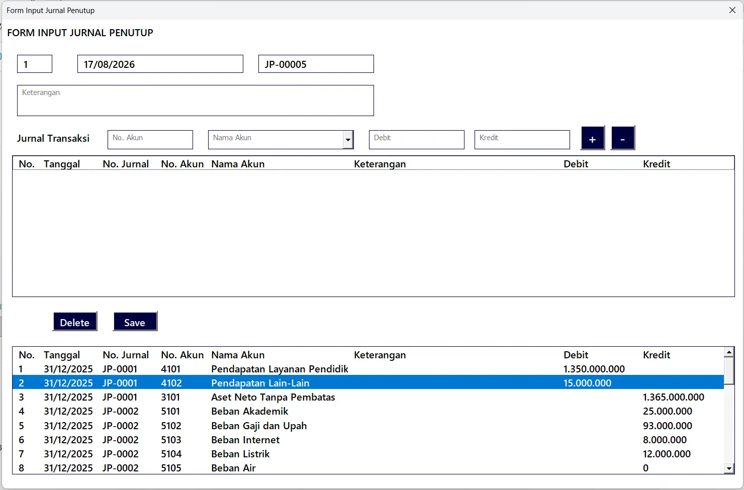 9. Menu Input Jurnal Penutup